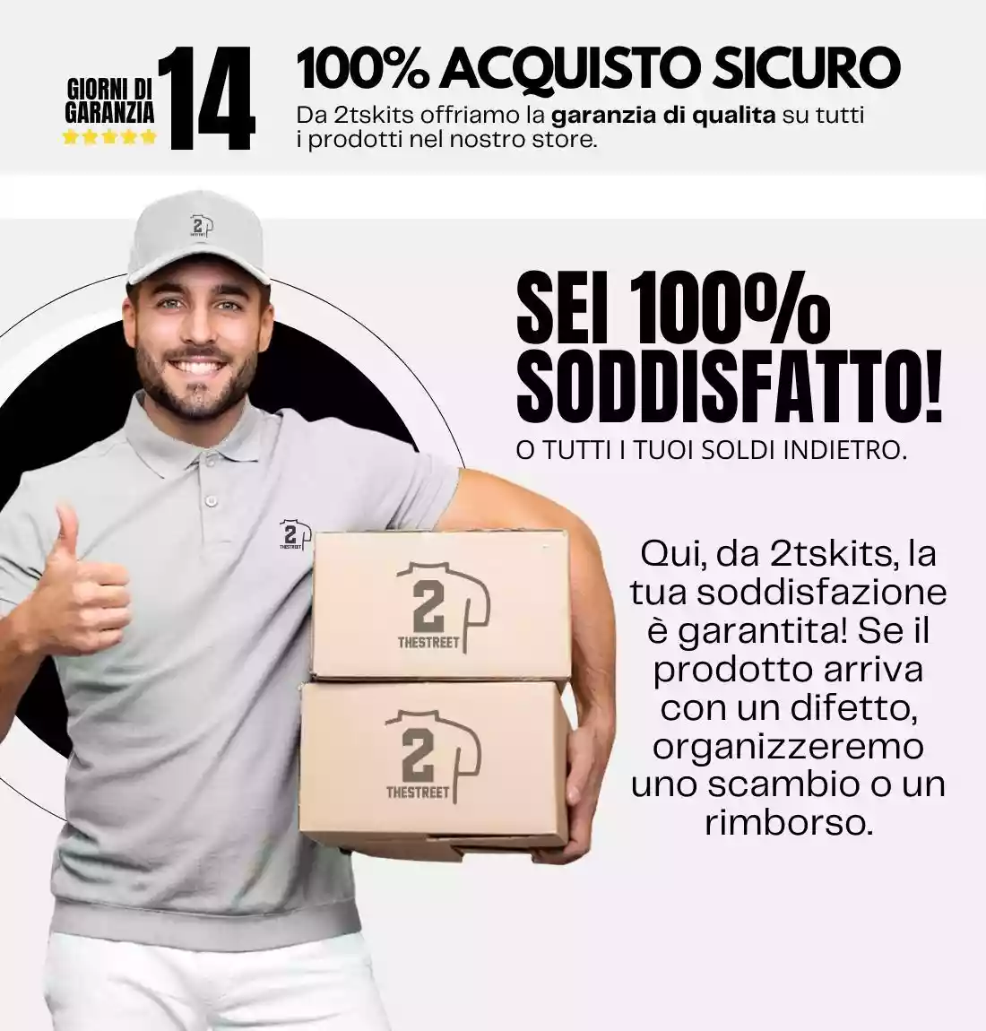 Garanzia 2tskits: 14 giorni e rimborso o sostituzione se il prodotto arriva con un difetto